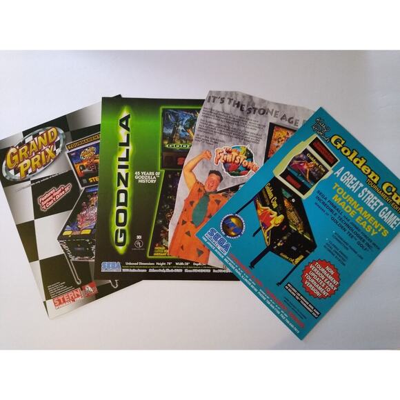 Pinball FLYERS Lot Of 4 Grand Prix Golden Cue The Flintstones Godzilla NOS Art - Picture 1 of 2